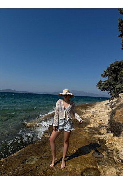 FİOXCO Cardigan din tricotaje ecru - îmbrăcăminte de plajă sezonieră pentru femei cu cravată în față și găuri