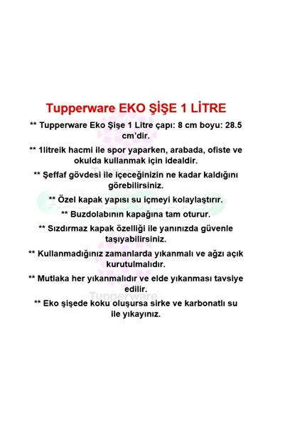 Tupperware Eko Şişe 1 Litre Matara Suluk Water Bottle Hsgl