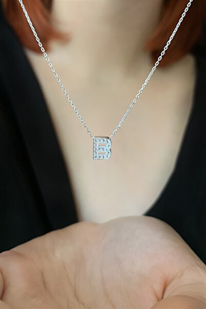 Ziu 925 Ayar Zirkon Taşlı Silver Minimal B Hafli Kolye Uzunluk 42 Cm