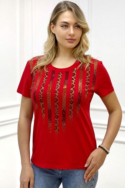 RICH GLAM Leopard Crystal Stone Short Sleeve Crew Neck Plus Size Stylish Cotton Red Women's T-shirt