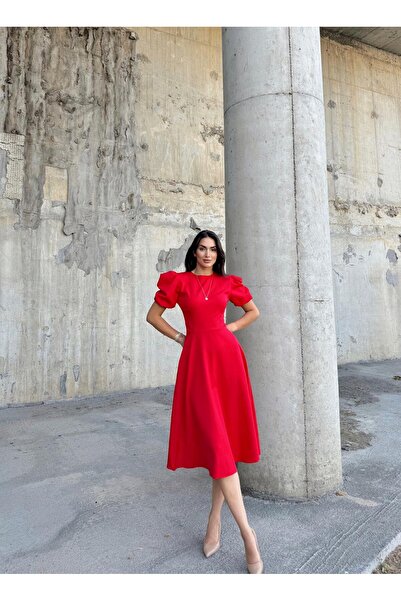 bella istanbul BELLA İSTANBUL KARPUZ KOL MİDİ ELBİSE