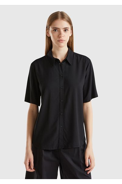 United Colors of Benetton Μαύρο παχύρρευστο 100% μισό μανίκι γυναικείο πουκάμισο