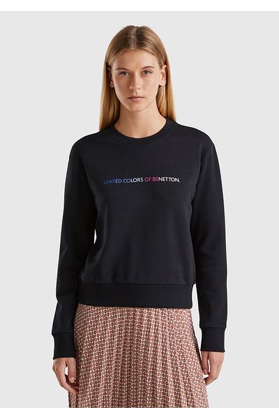 United Colors of Benetton Hanorac negru pentru femei, 100% bumbac, cu logo-ul în față, cu nervuri