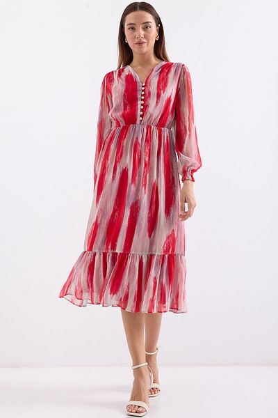 Bigdart 2137 Model Patterned Chiffon Dress - Red