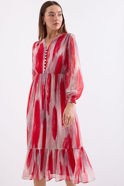 Bigdart 2137 Model Patterned Chiffon Dress - Red