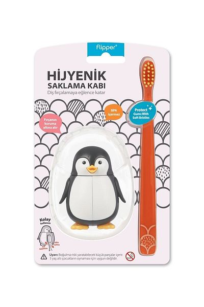 Flipper Hygienic Fun Animal Storage Container and Children's Toothbrush Set - Penguin Figured