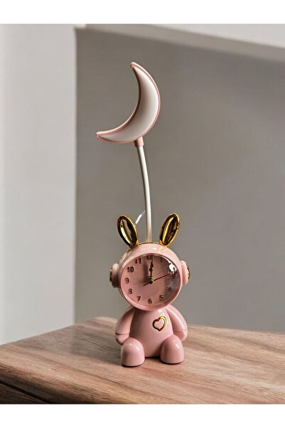 Genel Markalar Pembe dekoratif tavşan figürlü masa saati ve lamba, şık hediye...