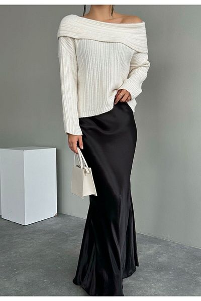 POMELO FASHİON Cremefarbener Pullover für Damen mit offener Schulterfalte