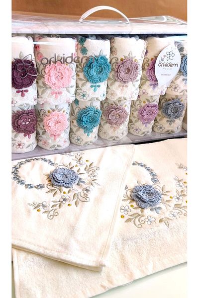 A.Z.H. Set of 12 Velvet Dowry Embroidered 3d Hand-embroidered Towels in Gift Box - 6 Pieces 50x90cm, 6 Pieces 30x50cm