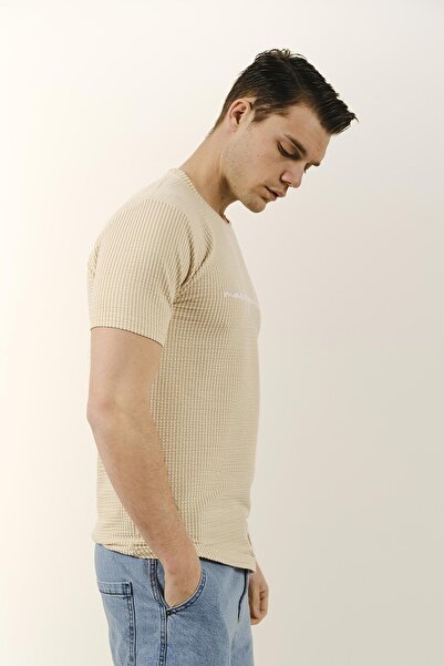Oksit Sheldon Çizgili Örgü Yazı Detaylı Bisiklet Yaka Erkek Slim Fit Basic Tshirt