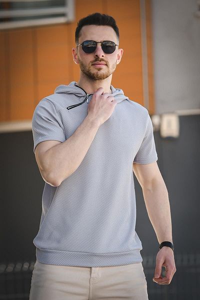 Oksit Ανδρικό μπλουζάκι με κουκούλα Valery Slim Fit με υφή με φερμουάρ