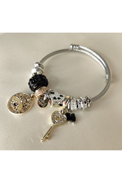 ARYA DESİGN STEEL BRACELET WITH BEE AND KEY CHARM