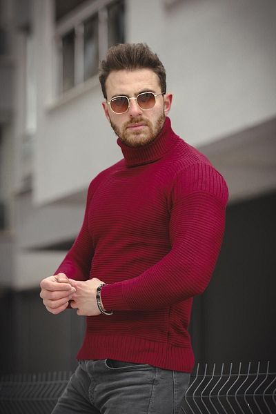 Oksit Pulover pentru bărbați cu guler rotit cu dungi slim fit Delmar