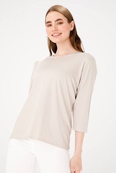 Desen Triko Γυναικεία μπεζ μπλούζα με λαιμόκοψη V με μανίκια τρία τέταρτα Basic χτενισμένη βαμβακερή μπλούζα