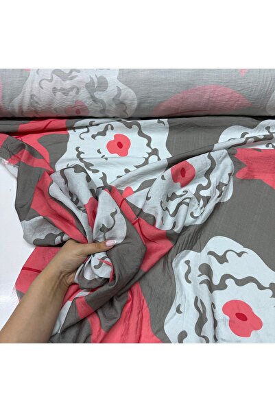 Yaren Ülker İpek Şifon Bambu Kumaş Çift En Mercan Antrasit Çiçek Motifli