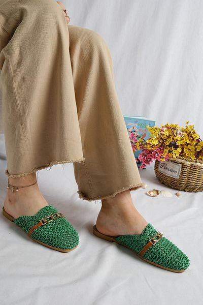 Oksit Irene Gold Buckle Λεπτομερείς γυναικείες πλεκτές παντόφλες για το σπίτι και το εξωτερικό