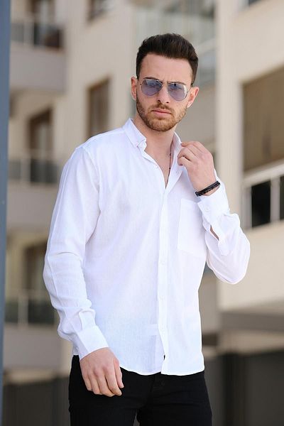 Oksit قميص رجالي من الكتان المجعد بجيب واحد مريح من Tugan