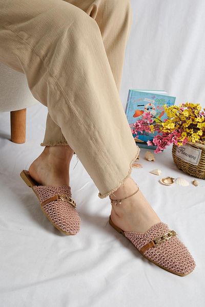 Oksit Γυναικείες παντόφλες Irene Gold Buckle Λεπτομερείς πλεκτές για το σπίτι και το εξωτερικό