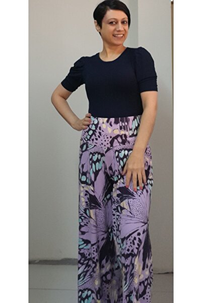 Mertcan Butik Elastic Waist Wide Leg Lilac Print Trouser Skirt