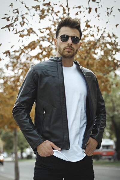 Oksit Ανδρικό δερμάτινο παλτό Piero Extra Slim Fit με Fleece Εσωτερικό