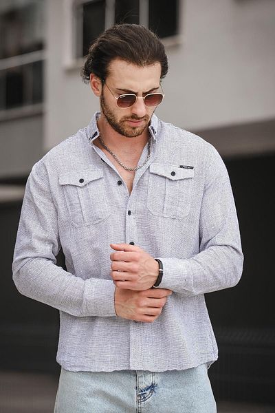 Oksit Ανδρικό πουκάμισο Yx 16686 Slim Fit με διπλή τσέπη, λινό εμφάνιση
