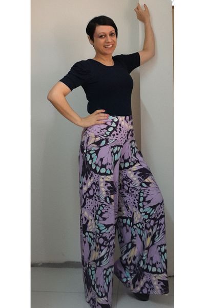 Mertcan Butik Elastic Waist Wide Leg Lilac Print Trouser Skirt
