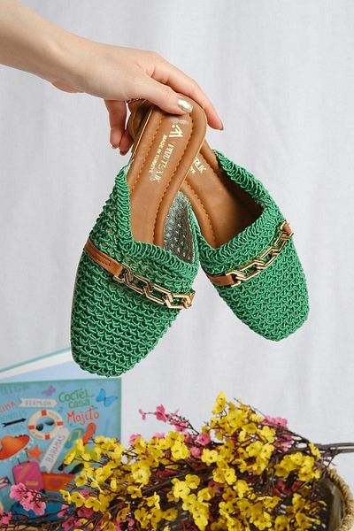 Oksit Irene Gold Buckle Λεπτομερείς γυναικείες πλεκτές παντόφλες για το σπίτι και το εξωτερικό