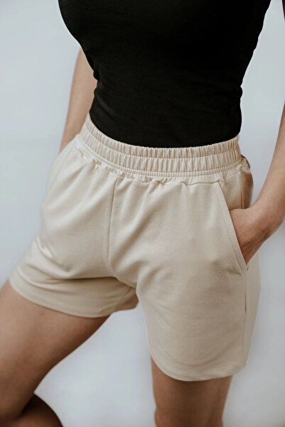 Modoo Tekstil Women's Cream Elastic Waist Double Pocket Shorts