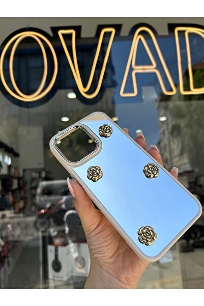 OVADA İphone 15 Pro Uyumlu Kamera Koruma Çerçeveli Aynalı Gold Çiçek Detaylı Silikon Kılıf