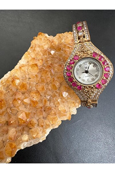 QUARTZ Otantik Bakır Görünümlü Yakut Ve Zirkon Taşlı Kadın Gümüş Kol Saati 925 Ayar 37,50 gram