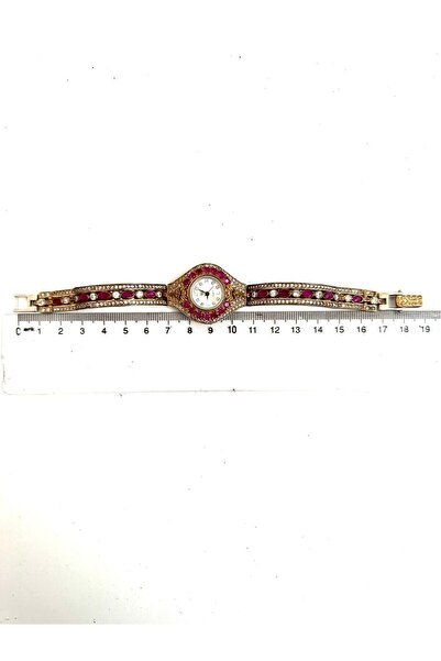 QUARTZ Otantik Bakır Görünümlü Yakut Ve Zirkon Taşlı Kadın Gümüş Kol Saati 925 Ayar 37,50 gram