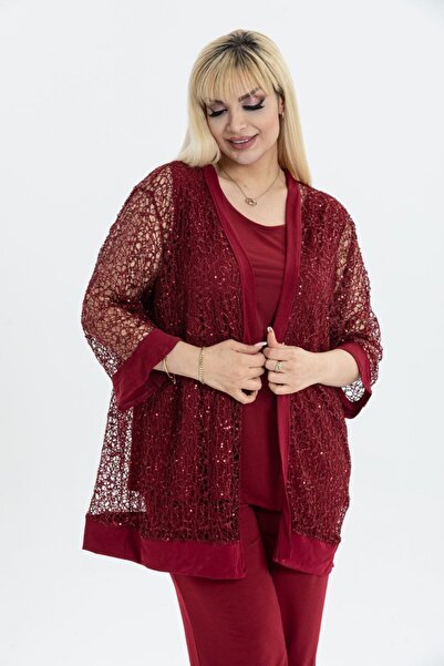 vividbutik Plus Size Lace 3 Piece Set - Cardigan, Inner Blouse and Pants