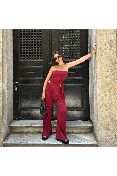 Sobce Burgundy Strapless Blouse and Loose Trousers Set - Relaxed Fit
