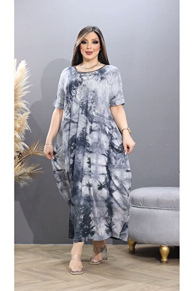 HÜLYA BUTİK Plus Size Printed and Pocketed Tie-Dye Women's Dress