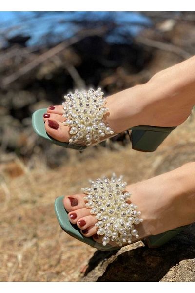 Saltopik Green Heeled Slippers with Pearls