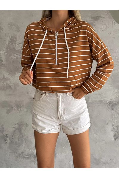 Velista Hooded Thin Striped Half Zipper Women's Sweatshirt