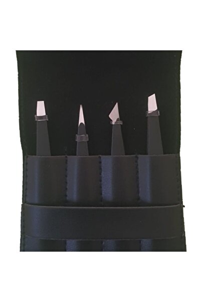 Twiezers Deri Çantalı 4'lü Paslanmaz Çelik Cımbız Seti - Siyah/Siyah