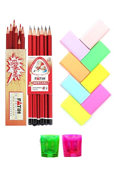 Fatih 12 قلم رصاص + 12 قلم رصاص ذو غطاء أحمر + 2 مبراة أوناس + 8 محايات باستيل