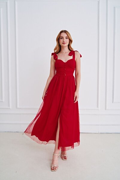 Rabia Çelik Kadın Kırmızı Omuzları Bağlamalı Sırt Dekolteli Yazlık Midielbise