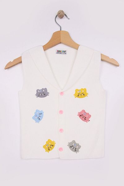Beniizle Colorful Knitwear Vest for Girls - Cats Detailed and Buttoned