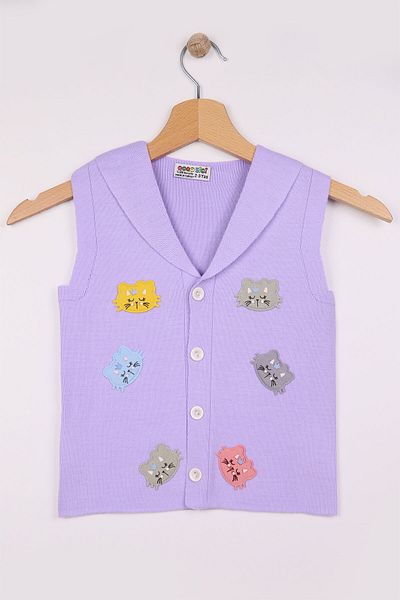 Beniizle Colorful Knitwear Vest for Girls - Cats Detailed and Buttoned