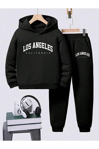 REMESA Set de trening cu glugă neagră cu imprimeu Los Angeles pentru fete/băieți