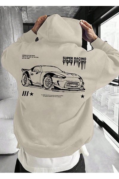 LA GULER Super Racing Printed Unisex Oversize βαμβακερό φούτερ με κουκούλα - με κουκούλα και τσέπες