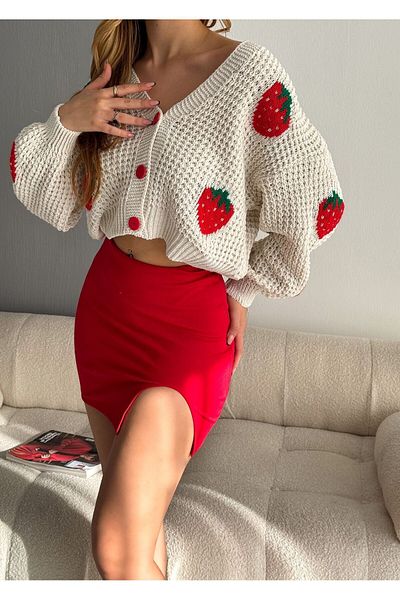 gozdefashion Women's Strawberry Patterned Thick Cardigan