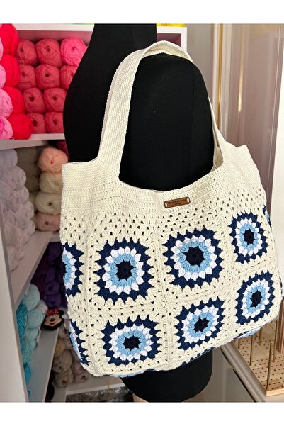 B BUL AKSESUAR Kadın Renkli El Yapımı Örgü Kadın Omuz Çantası Kroşe Tote Çanta