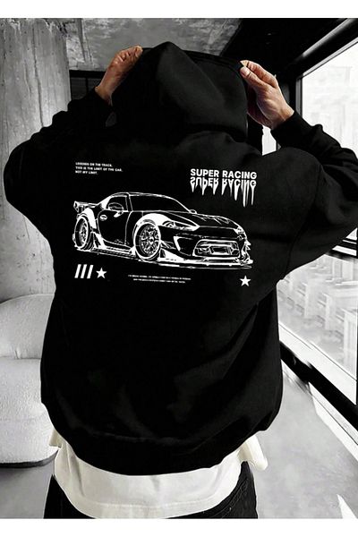 LA GULER Super Racing Printed Unisex Oversize βαμβακερό φούτερ με κουκούλα - με κουκούλα και τσέπες