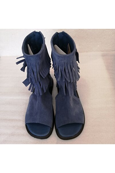 Butik Tülin Kadın hakiki deri süet mavi püsküllü kızılderili tarz bohem arkas...