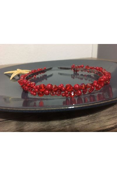 Yumak Dekor Grup Bridal Crown with Red Crystal Stones and Pearls Elegant and Stylish Wedding Henna Engagement Crown Hair Accessory Maternity Crown