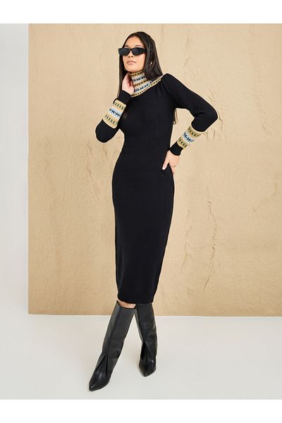 Styli Embroidered Pattern Knit Sweater Midi Dress