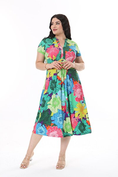 Şans Plus Size V-NecK Colored Short Sleeve WomeN's Dress - 65N38160
